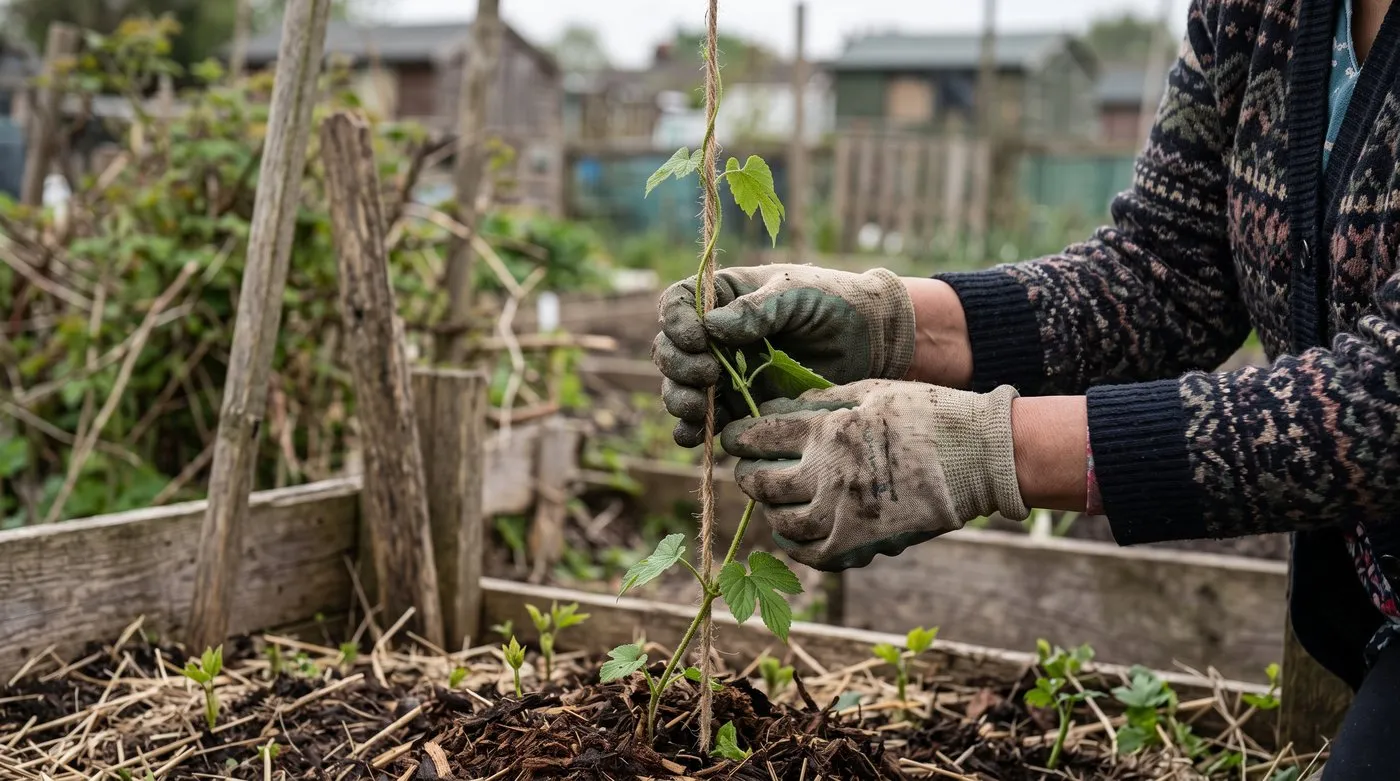 Gloved hands winding a young hop shoot clockwise around a garden twine string in late spring