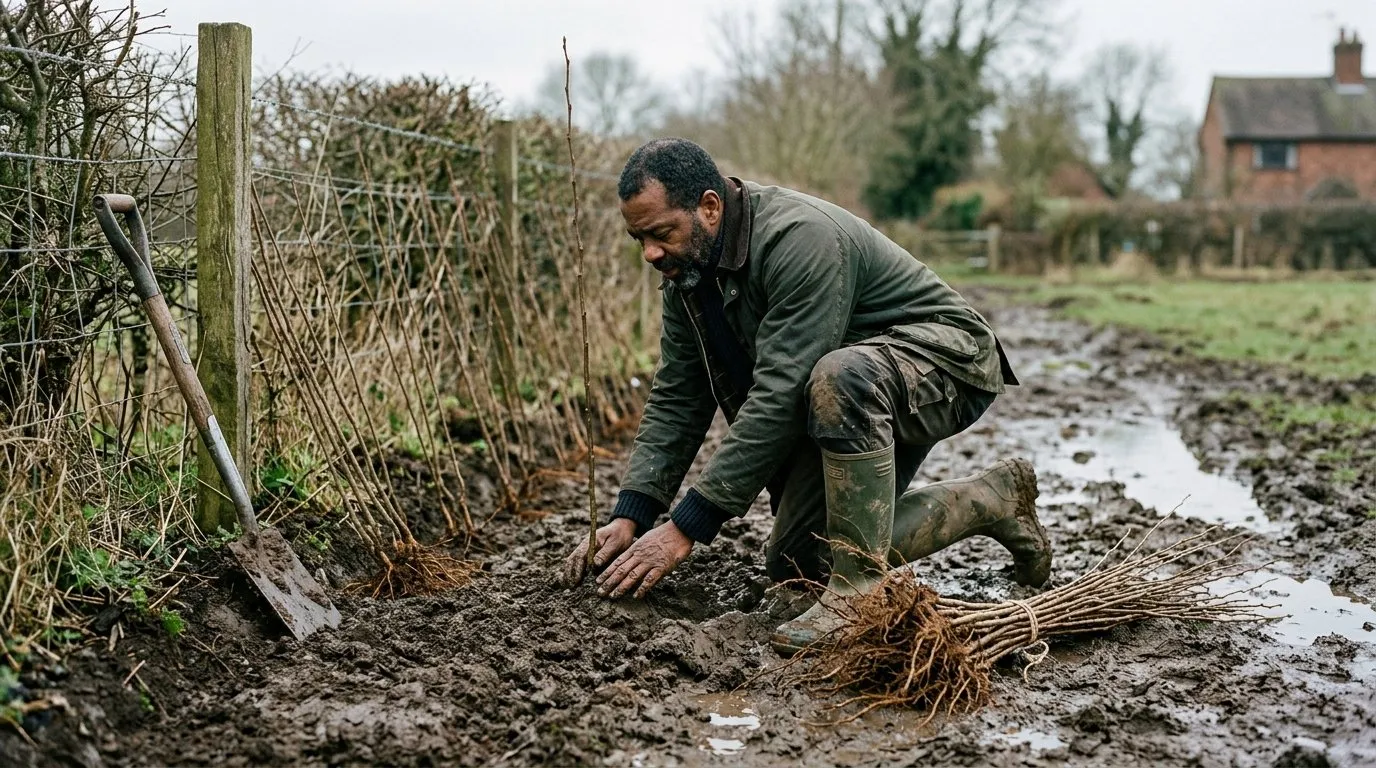 Gardener planting bare-root hornbeam hedge whips in a staggered double row on wet clay