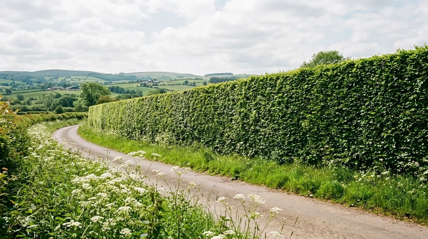 Tall hornbeam hedge screening a country lane beside a rural garden