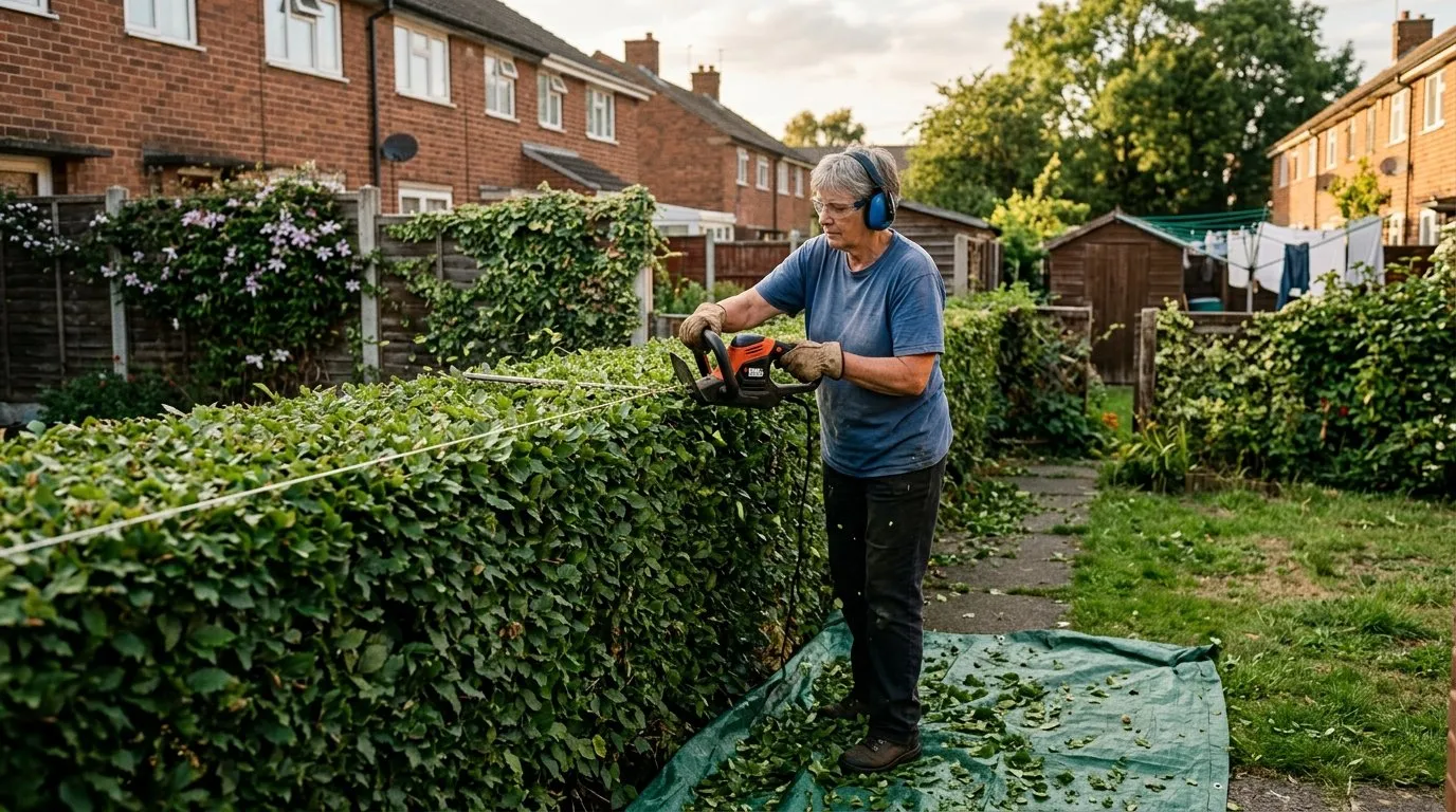 Gardener in ear defenders and gloves trimming a hornbeam hedge with a hedge cutter in late summer
