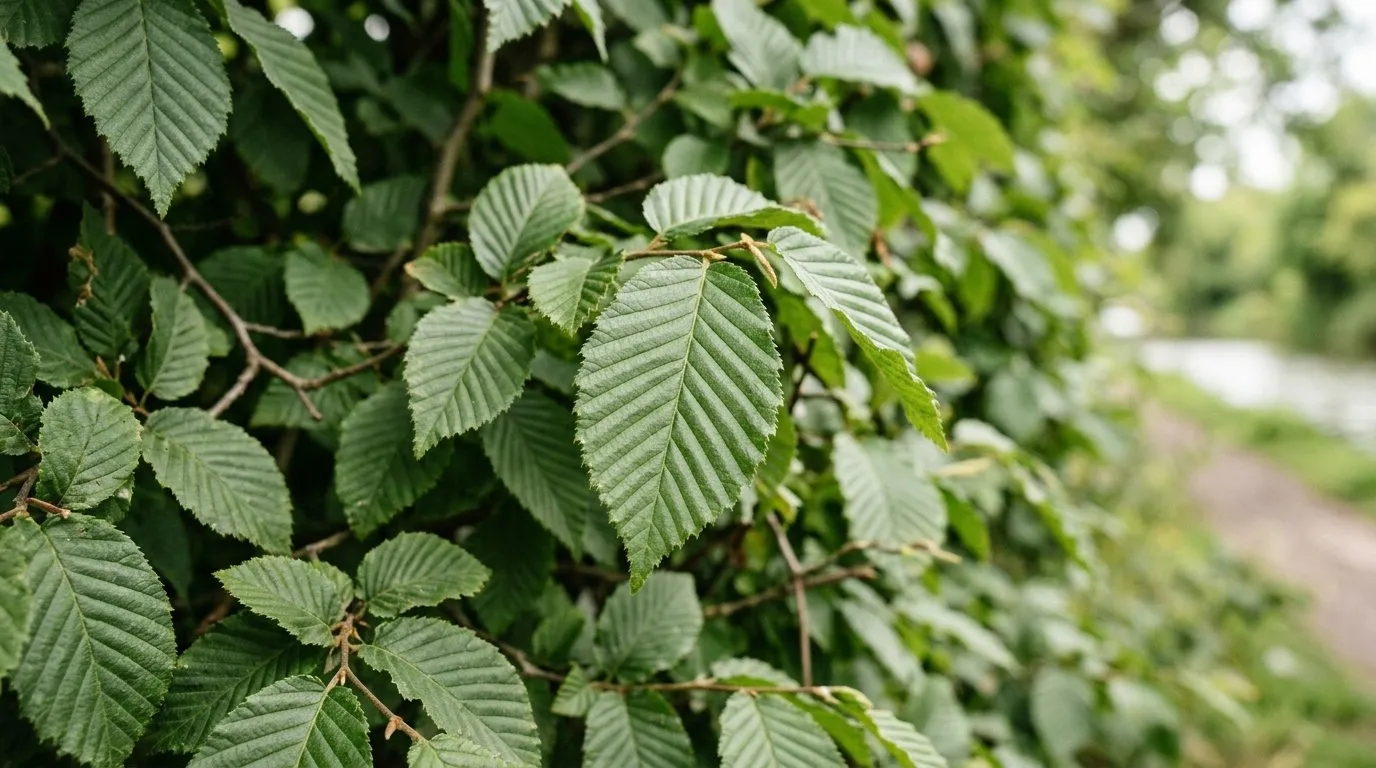 Close-up of hornbeam hedge leaves showing deep pleated veins and serrated edges