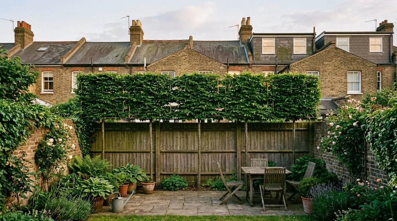 Pleached hornbeam hedge screen trained on frames above a fence in a terraced town garden