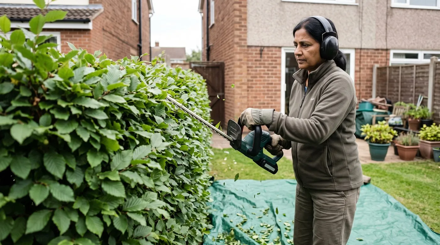 Woman trimming a hornbeam hedge in late summer, shaped slightly wider at the base than the top