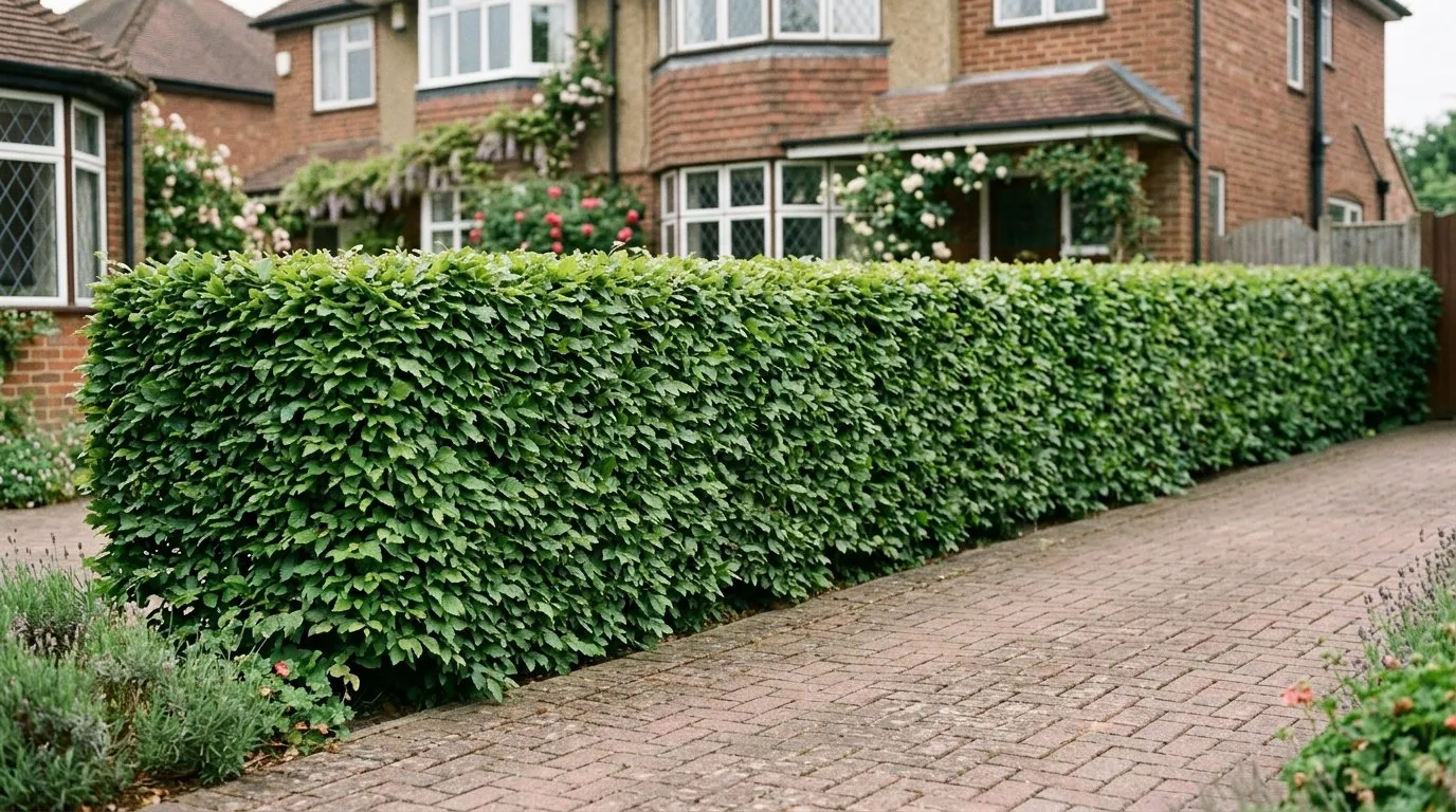 Clipped hornbeam hedge along a suburban drive in full summer leaf