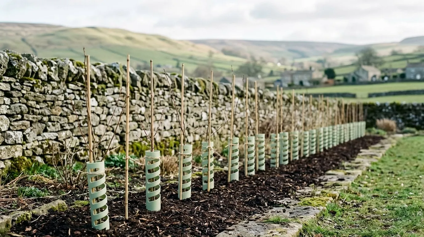 Young hornbeam hedge whips with spiral rabbit guards along a garden fence