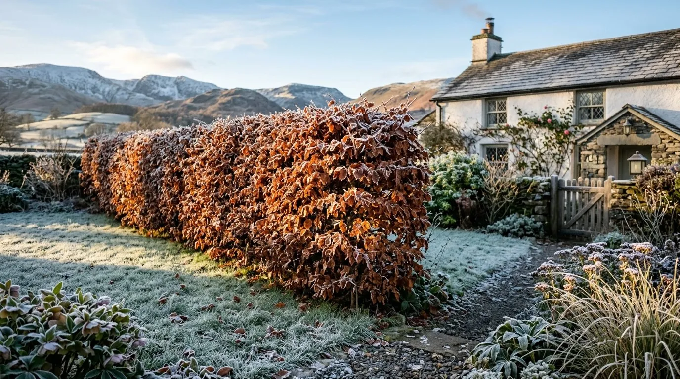 Hornbeam hedge holding coppery brown winter leaves under frost