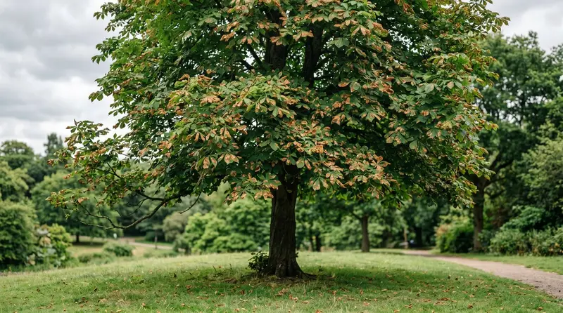 A horse chestnut tree in a UK park in July with brown blotchy leaves caused by horse chestnut leaf miner