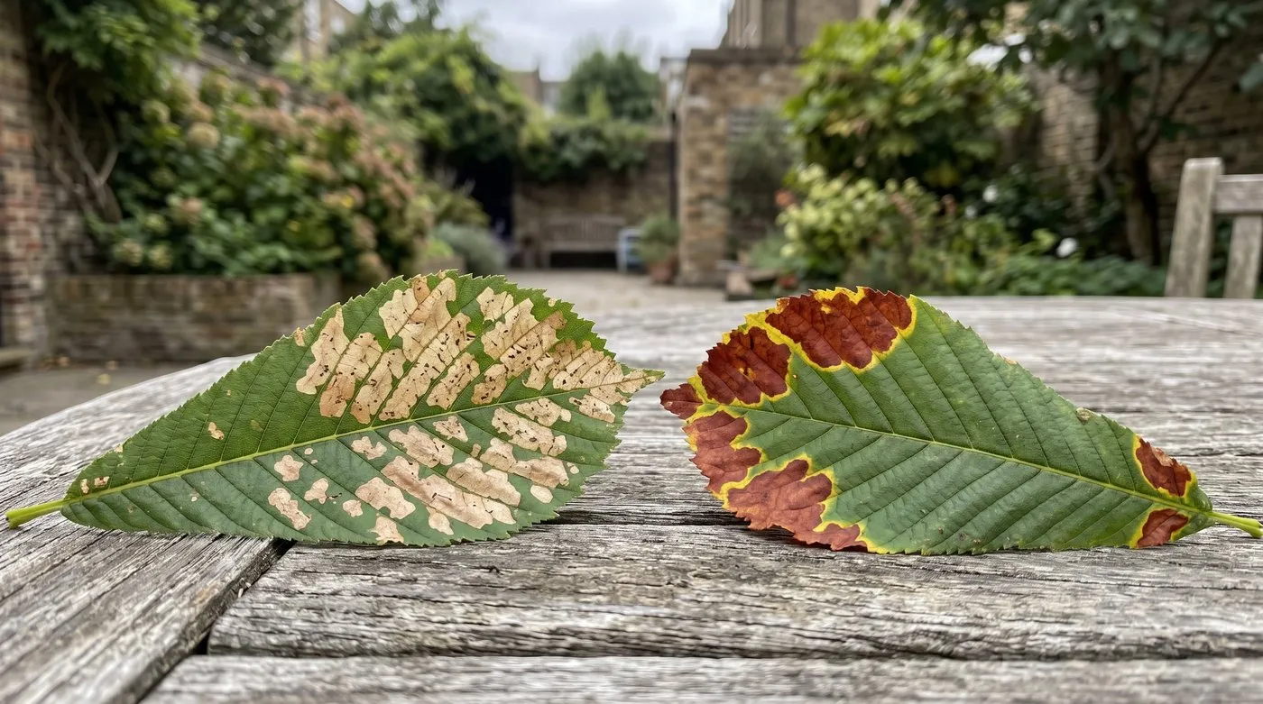 Horse chestnut leaflet with pale leaf miner blotches beside one with reddish-brown leaf blotch patches with yellow edges