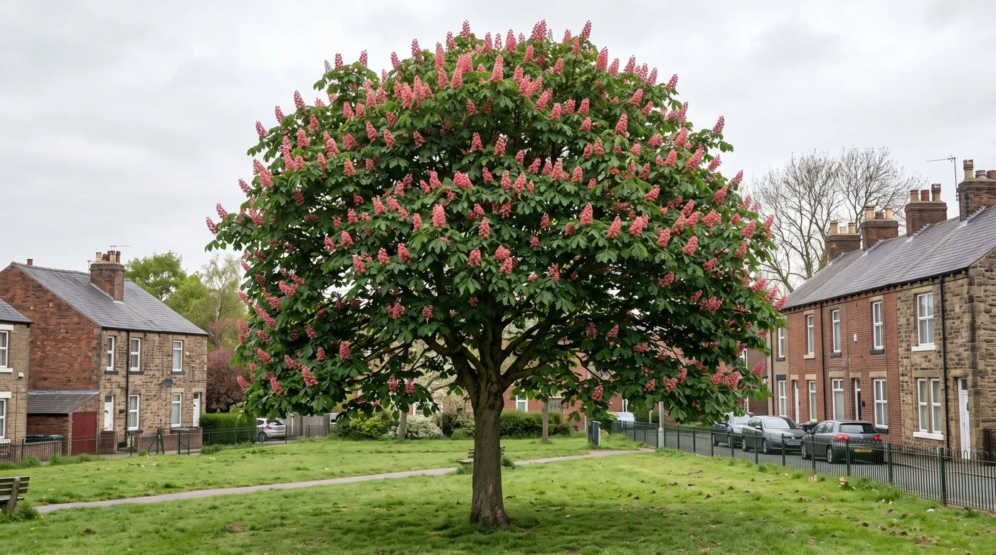 Red horse chestnut tree with upright pink-red flower spikes among dark green leaves in May