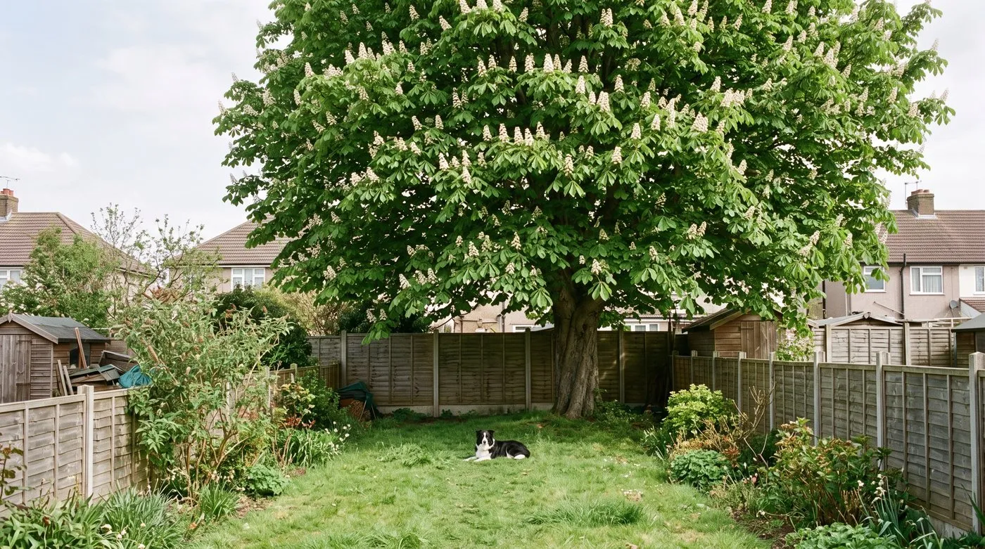 Horse chestnut tree in spring with fresh green leaves and white flower candles, a dog resting on the lawn beneath