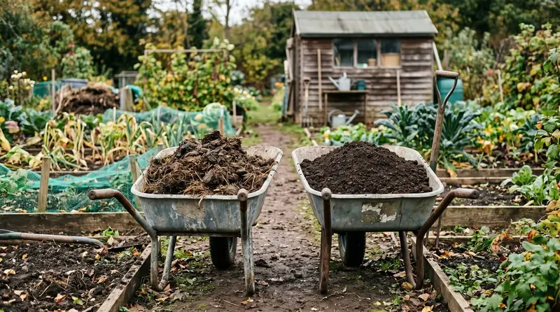 Two wheelbarrows side by side in a UK allotment, one of well-rotted horse manure and one of cow manure