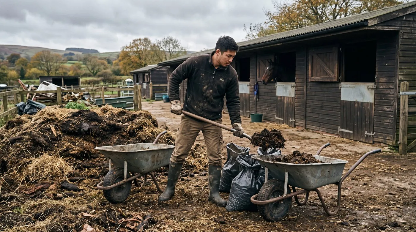 Gardener shovelling well-rotted horse manure into sacks from the muck heap at a small livery yard
