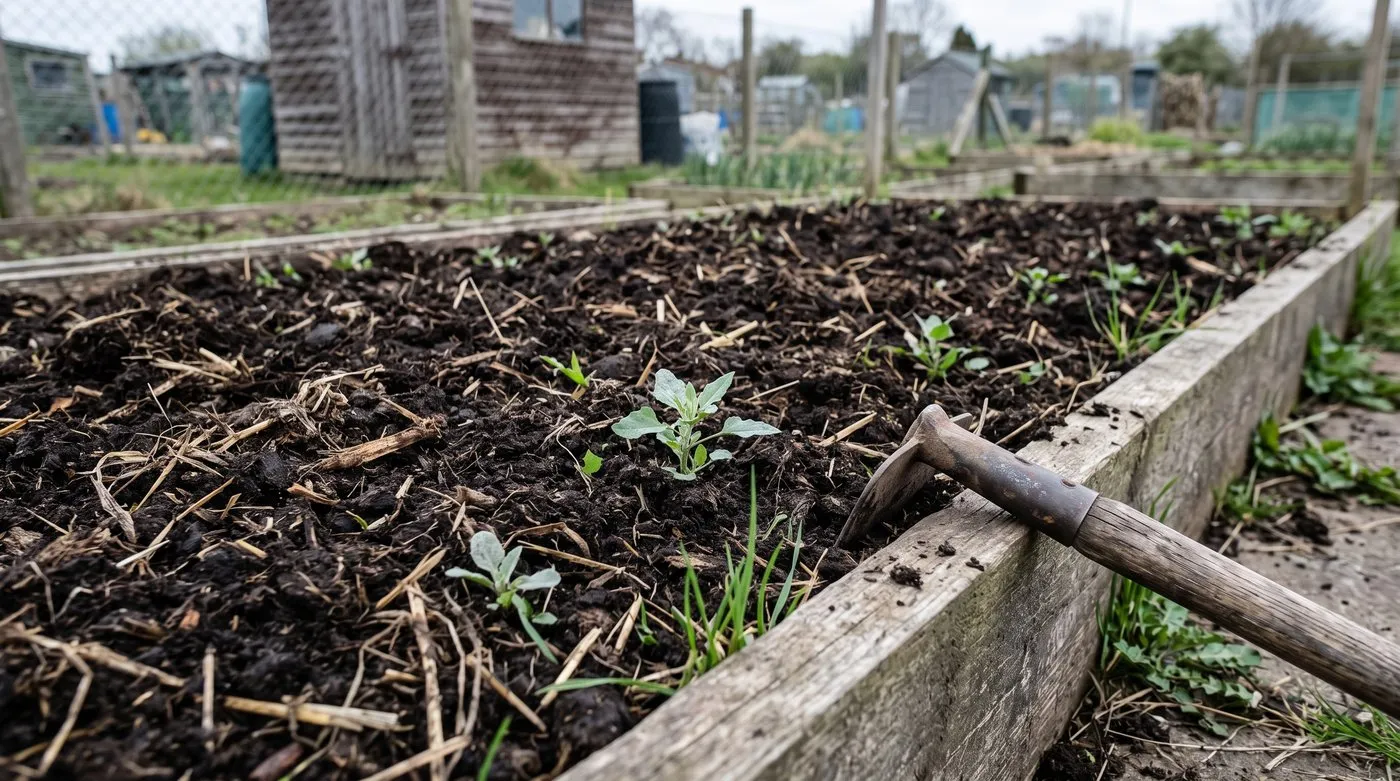 Small weed seedlings coming up through strawy horse manure spread on a vegetable bed in spring