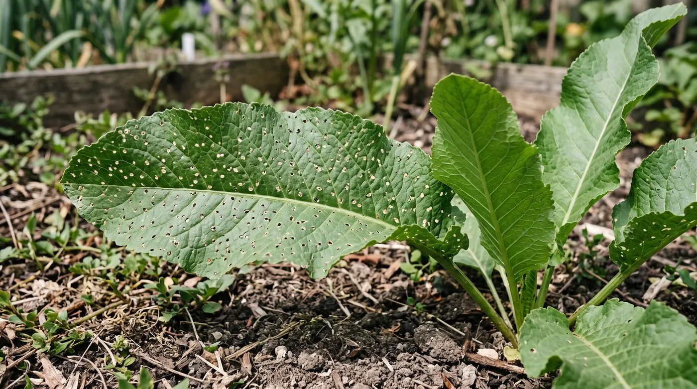 Horseradish leaf peppered with small round flea beetle holes beside an undamaged leaf