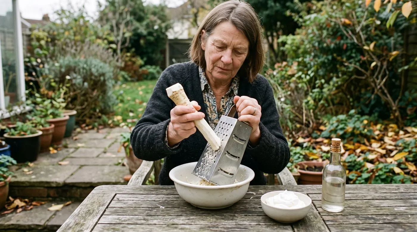 Woman grating peeled horseradish root into a bowl on a garden table outdoors, with vinegar and cream nearby