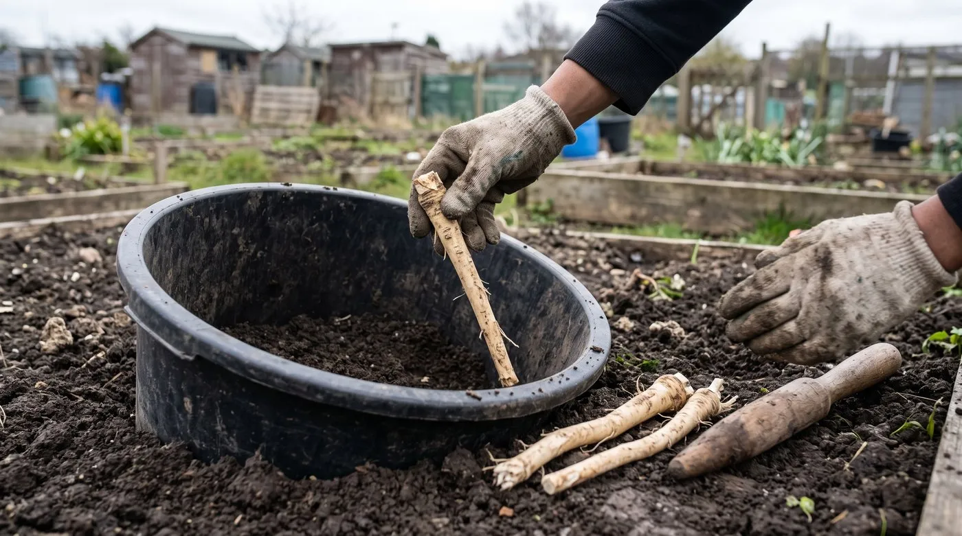 Gloved hands planting a horseradish root cutting into a sunken tub of soil on an allotment, with a dibber beside it