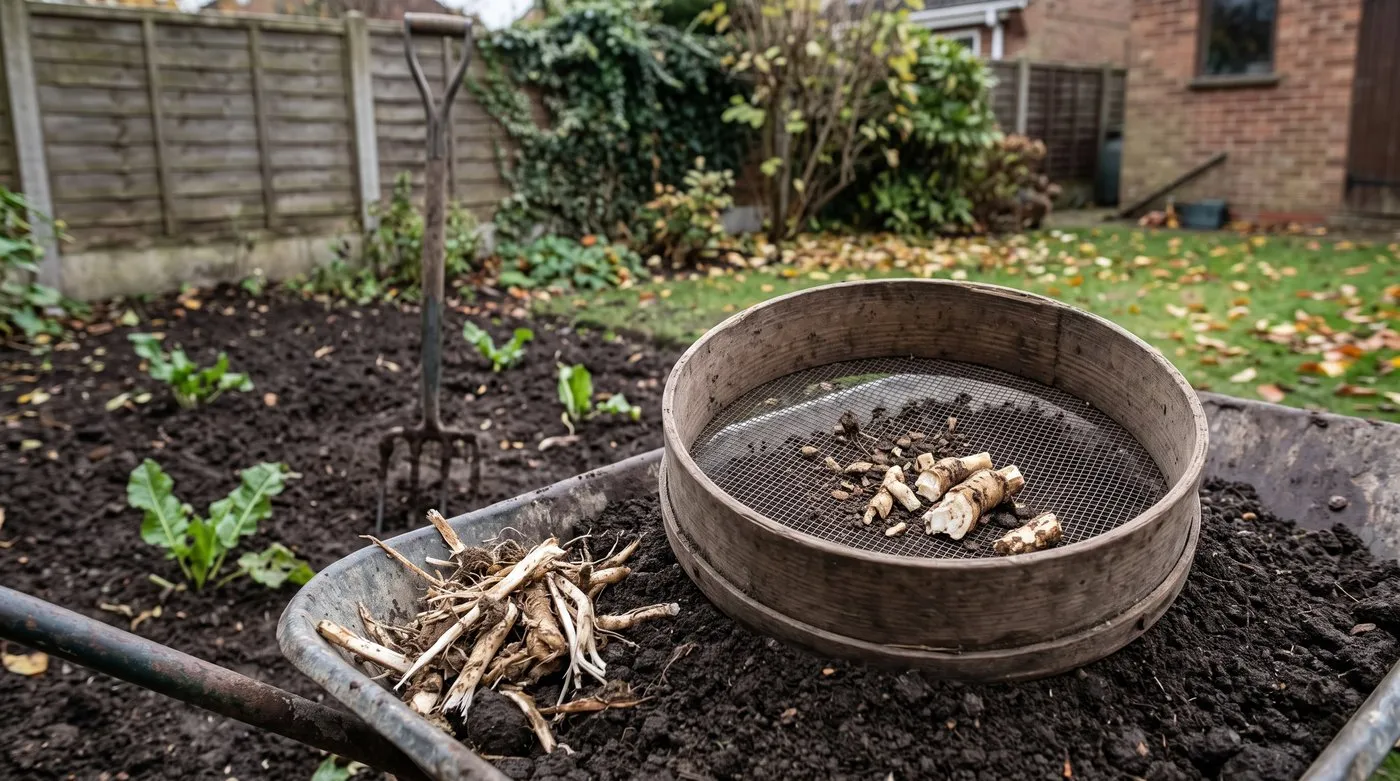 Garden sieve holding broken pieces of horseradish root picked out of dug soil