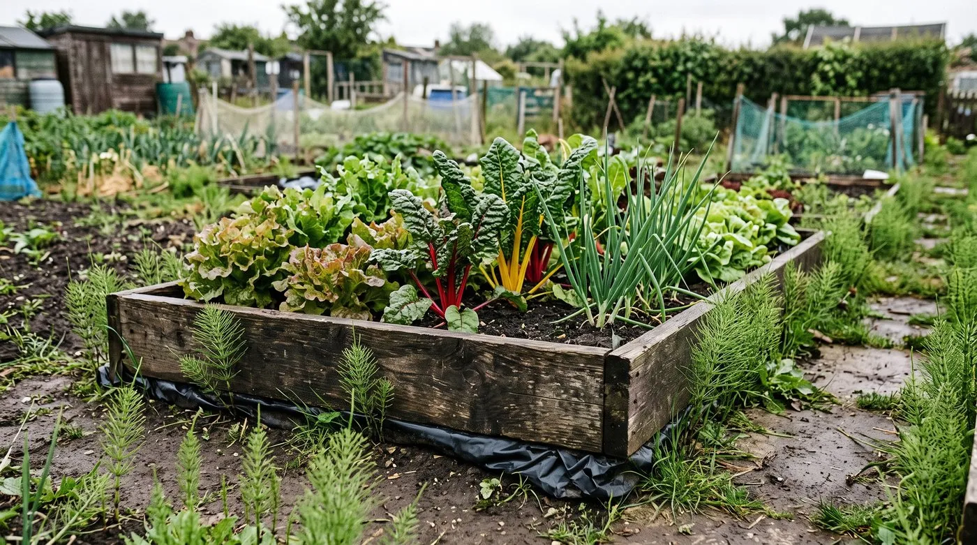 Lined raised vegetable bed growing clean crops above ground infested with horsetail
