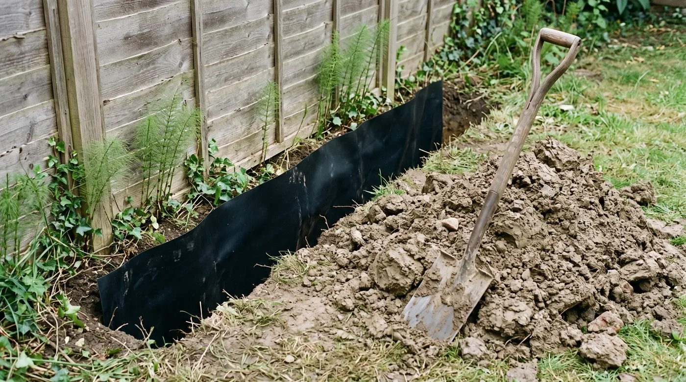 Upright plastic root barrier set in a deep trench along a fence to stop horsetail creeping in