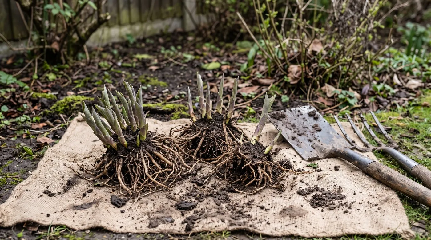 Hosta clump split into three pieces with emerging shoots and plenty of root, ready to replant