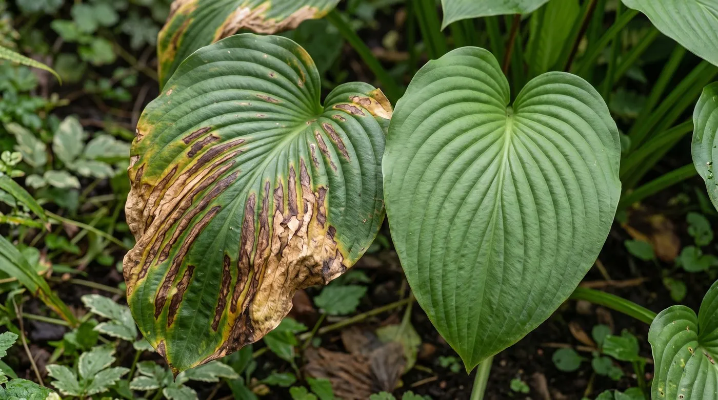 Hosta leaf with brown streaks between the veins caused by leaf nematodes, beside a healthy leaf