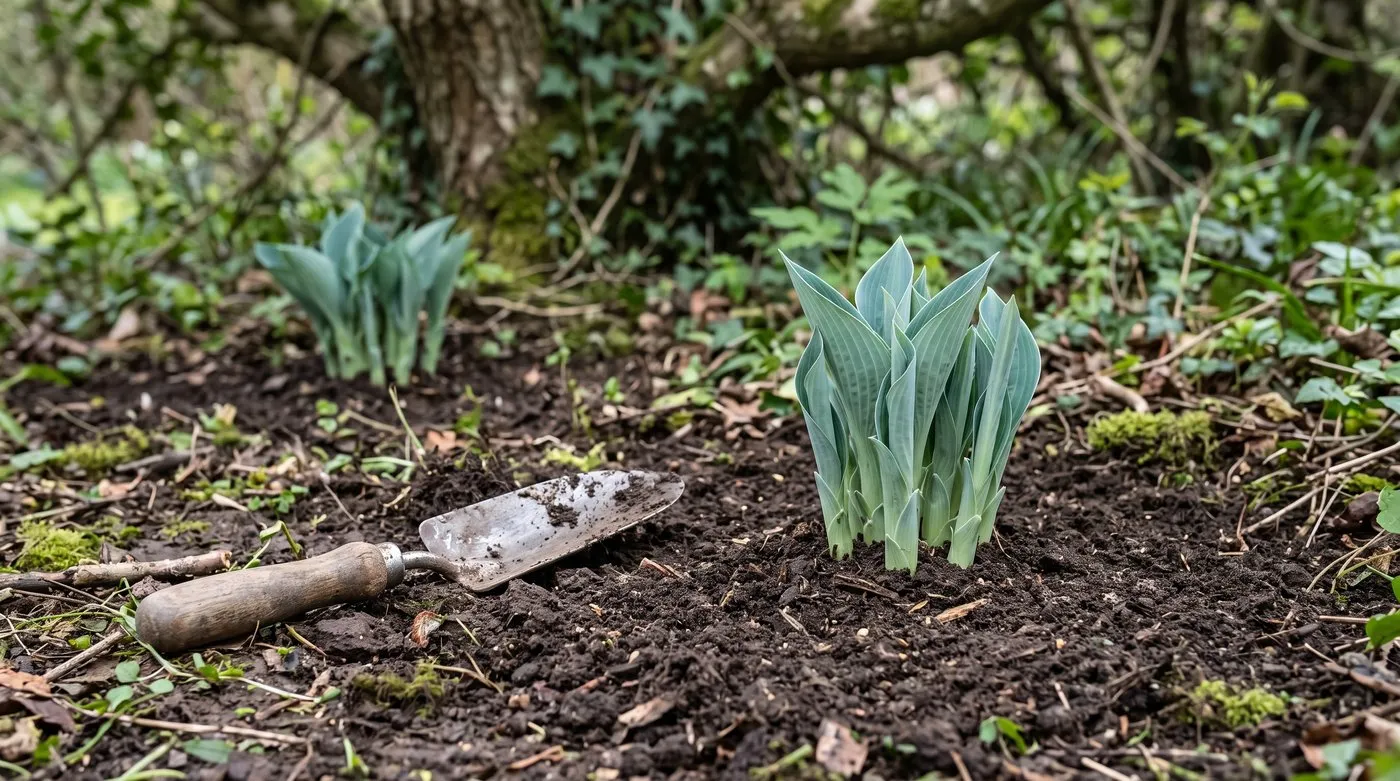Young hosta planted with its crown at soil level in a shady border, a second plant spaced beyond