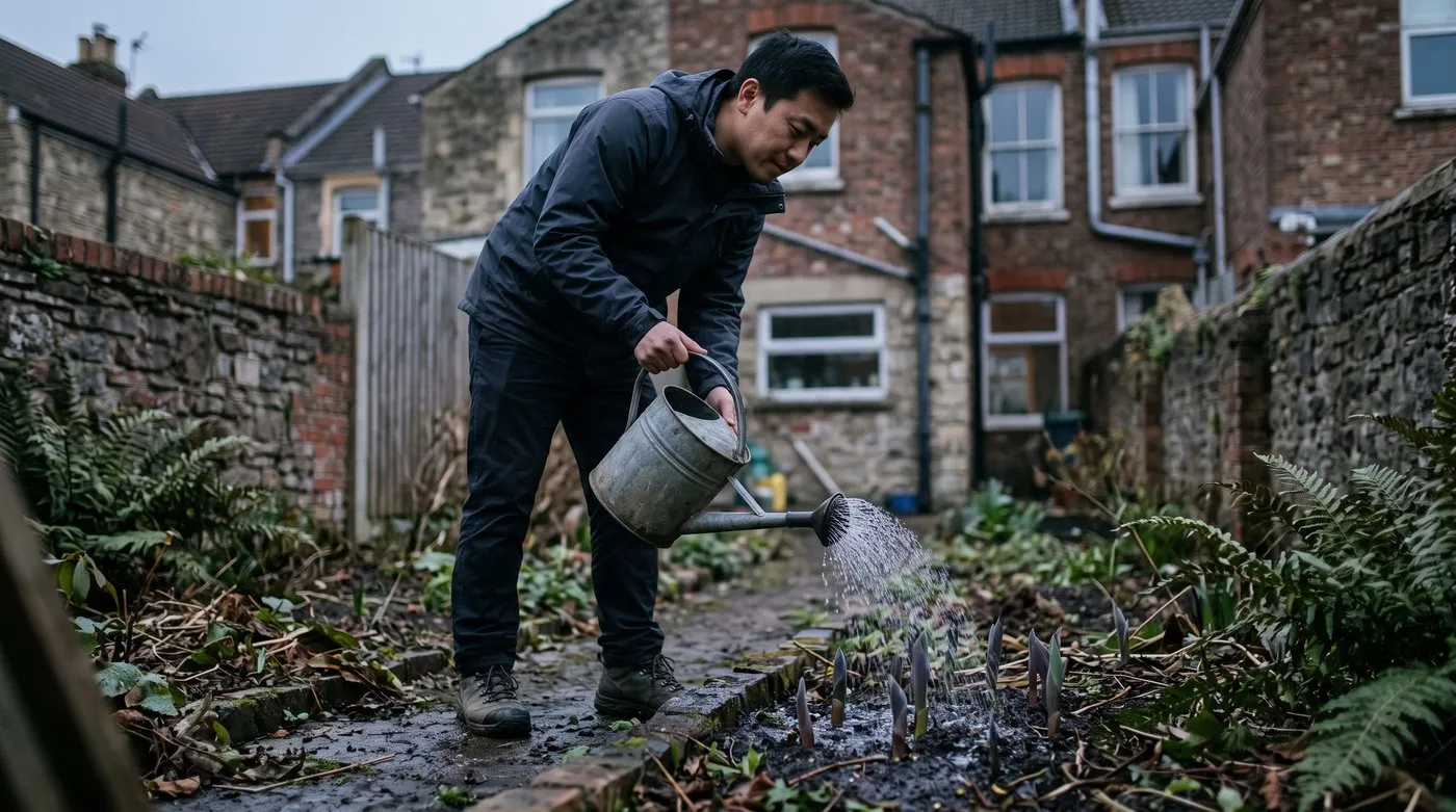 Man watering slug nematodes onto damp soil around emerging hosta shoots in early spring