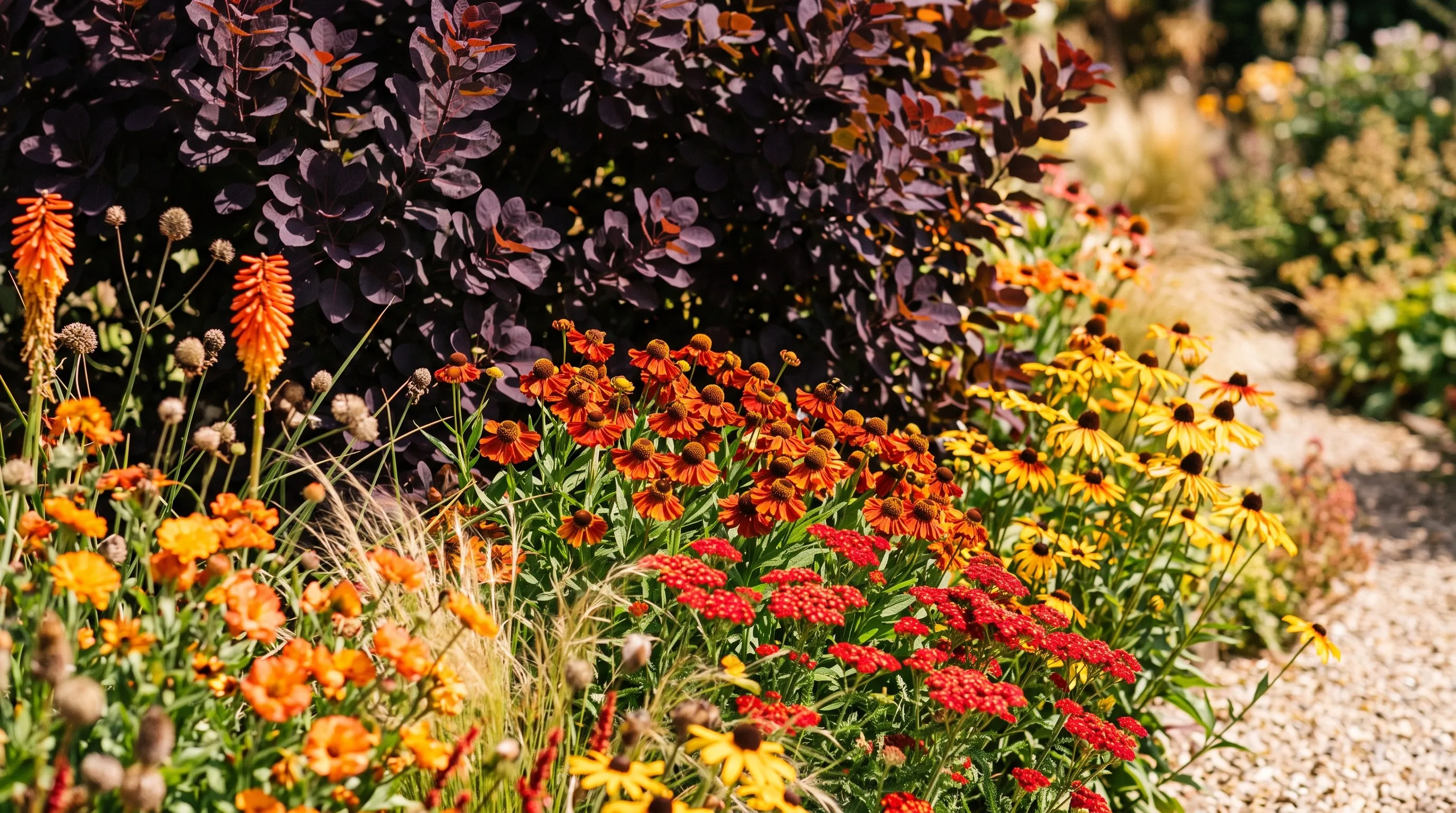 A hot colour border with dark purple Cotinus Royal Purple foliage as a backdrop and fiery flowers in front