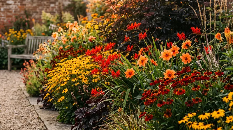 A blazing hot colour border of scarlet, orange and gold flowers in full UK summer sun