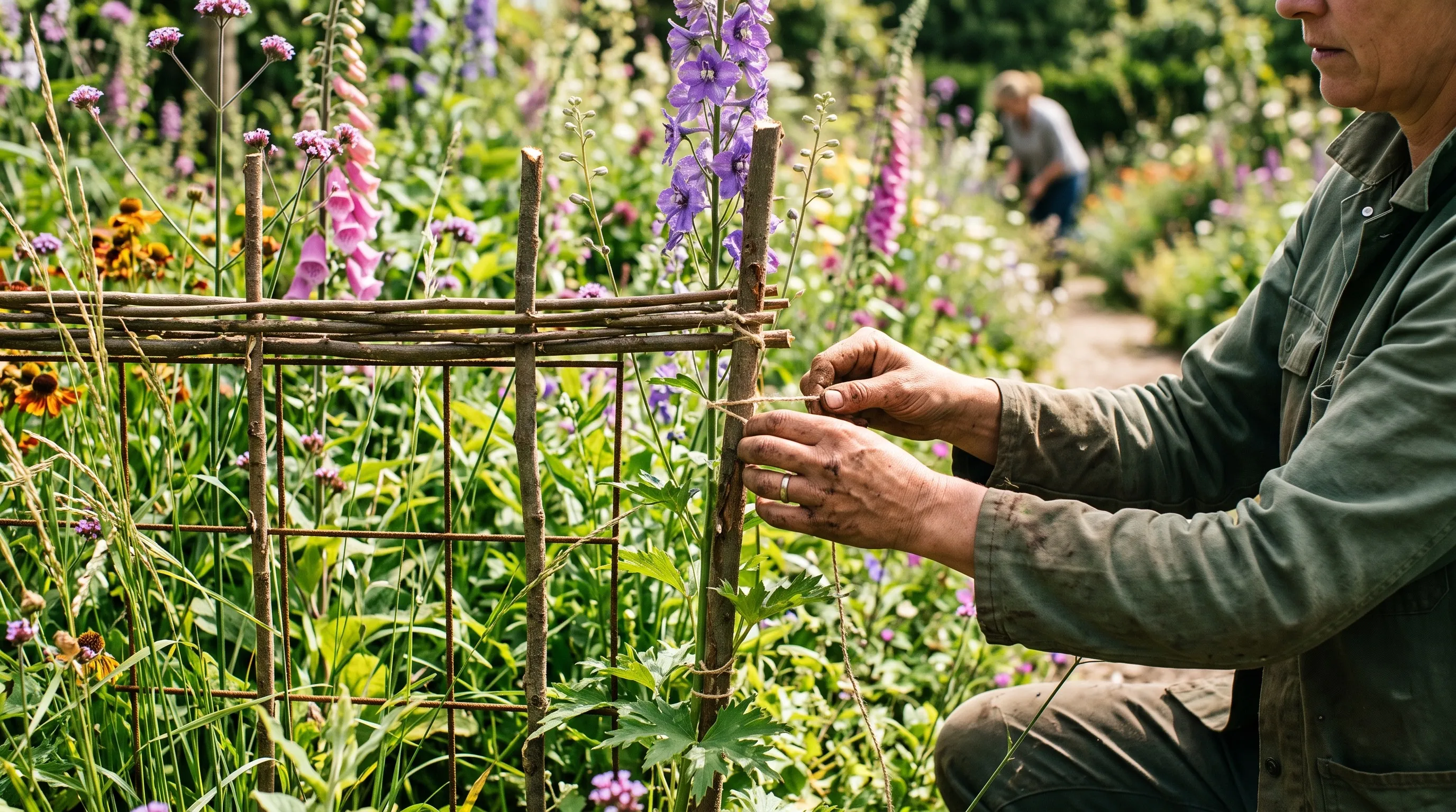 A gardener installing hazel and metal grid plant supports among tall perennials in a summer border