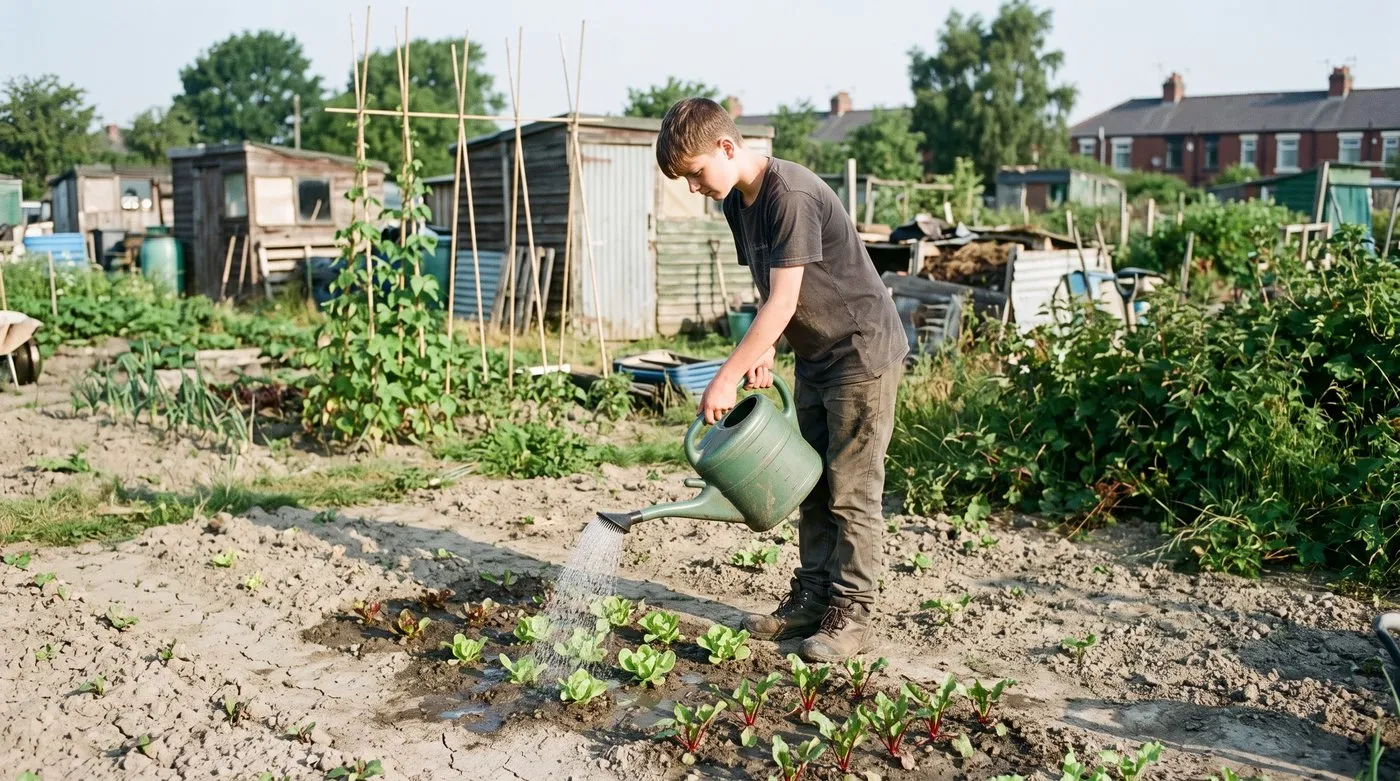 Teenager watering rows of lettuce and beetroot seedlings with a watering can early on a summer morning