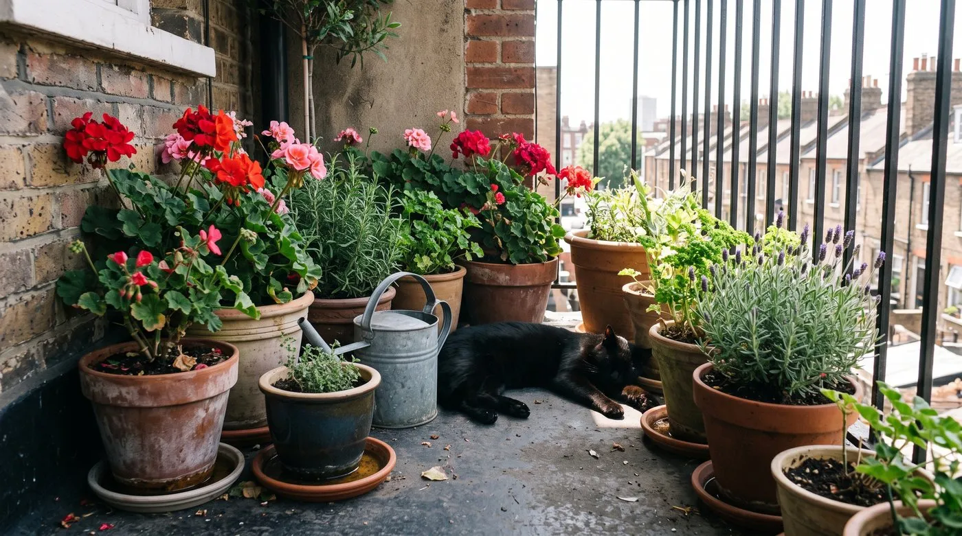 Pots of geraniums and herbs grouped in saucers in the shade on a balcony, with a cat resting between them