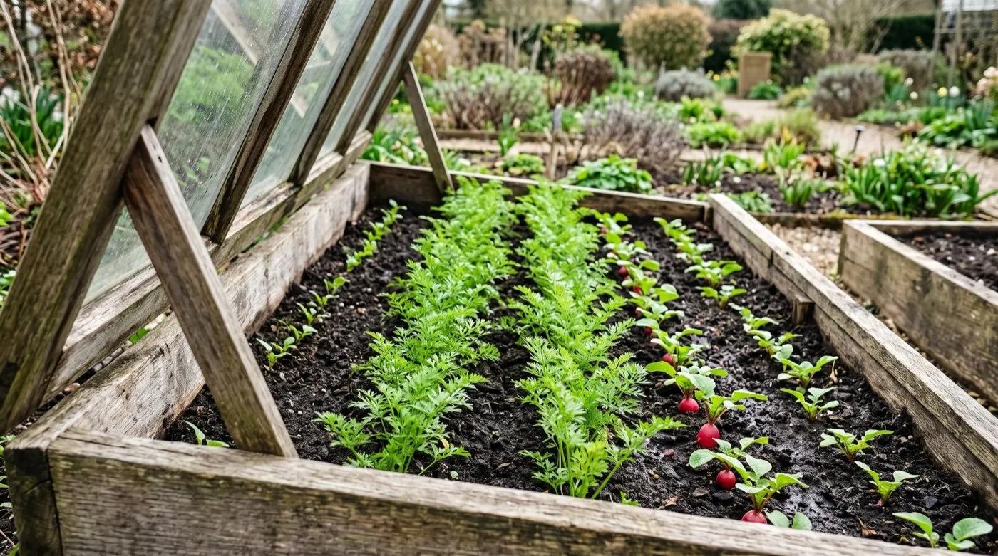 Early carrots and radish growing in a hotbed frame in a UK garden in March