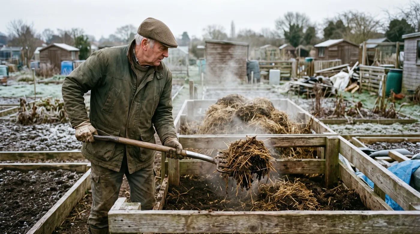 Fresh strawy horse manure being forked into a hotbed frame in a British garden in January