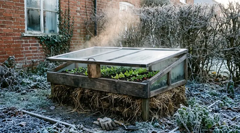 A hotbed gardening frame built over fresh horse manure with early salad seedlings under a glass light in January