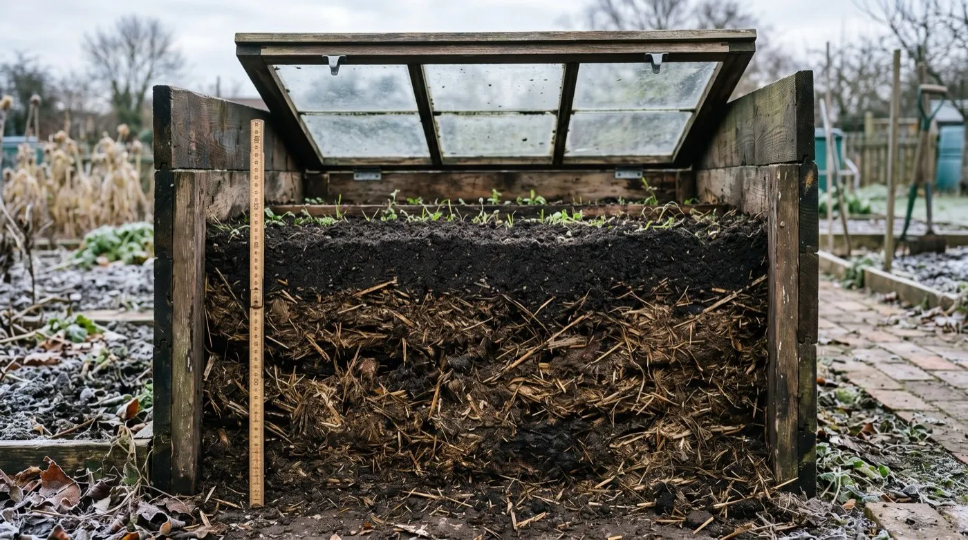 Cross-section of a hotbed showing the manure layer, soil cap and frame construction