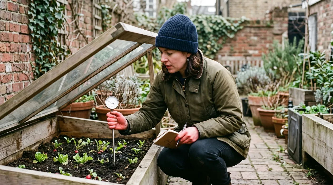 A woman checking the temperature of a hotbed with a soil thermometer through a cold frame light