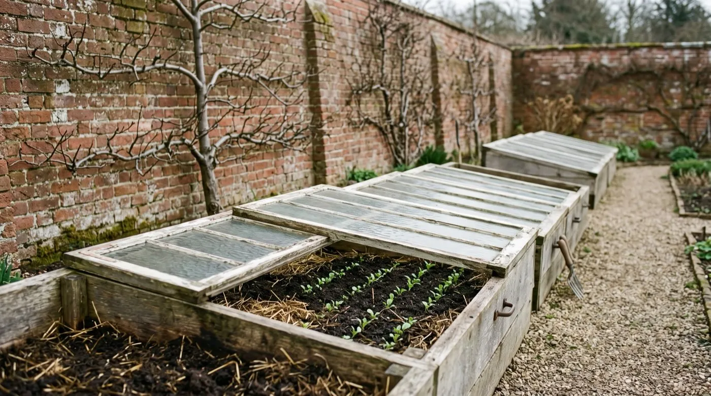 A restored Victorian walled kitchen garden hotbed frame with Dutch lights over fermenting manure