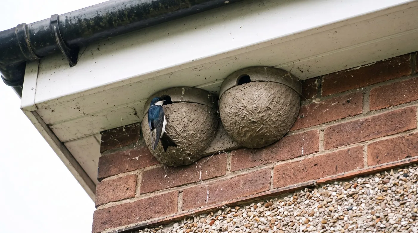 Two artificial house martin nest cups fixed under the eaves of a brick semi, with a house martin at one entrance
