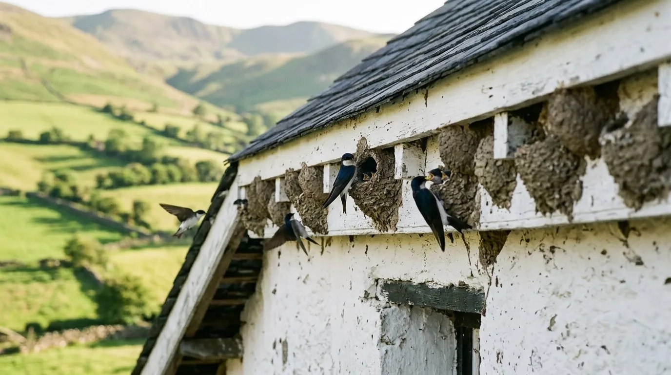 House martin colony of a dozen mud nests along the eaves of a white-rendered Welsh hillside farmhouse