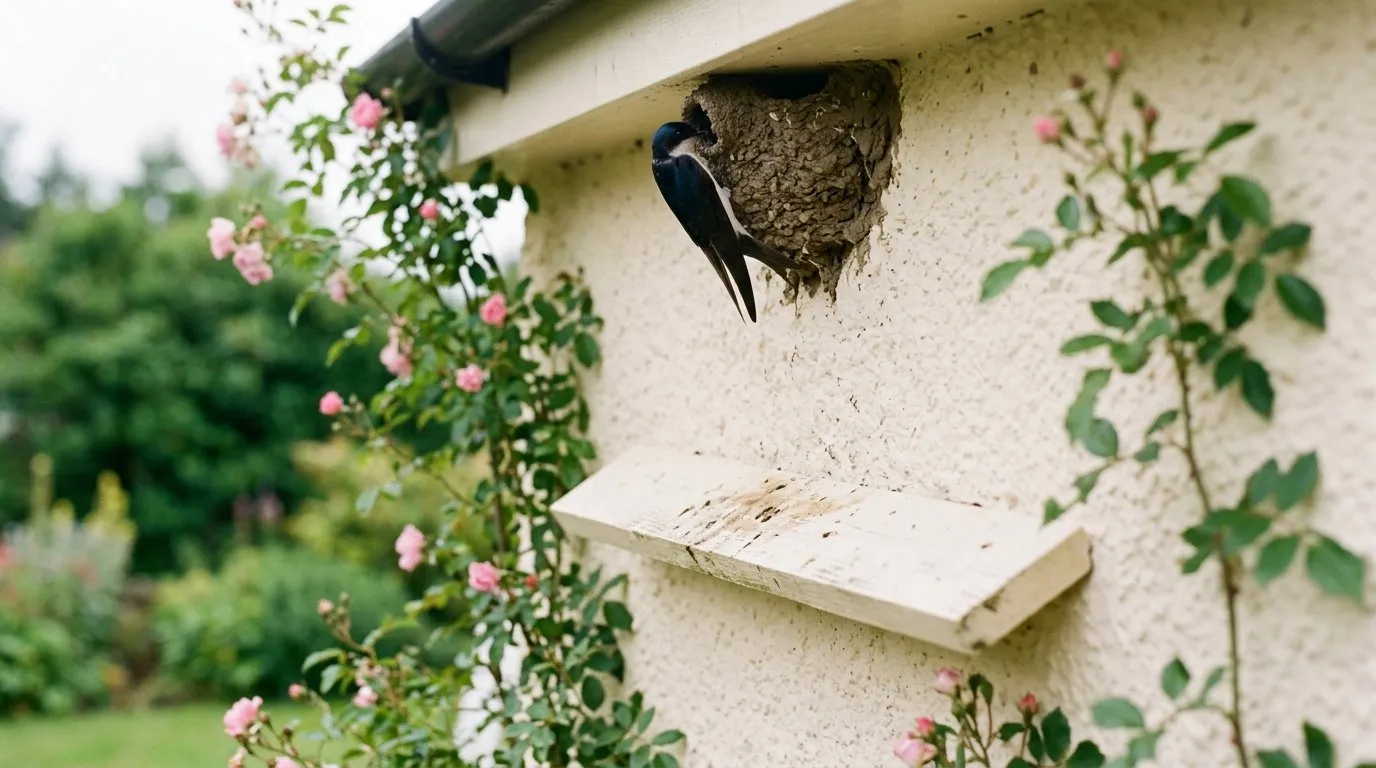 Angled wooden droppings board fitted 60cm below a house martin nest on the wall of a Scottish garden cottage