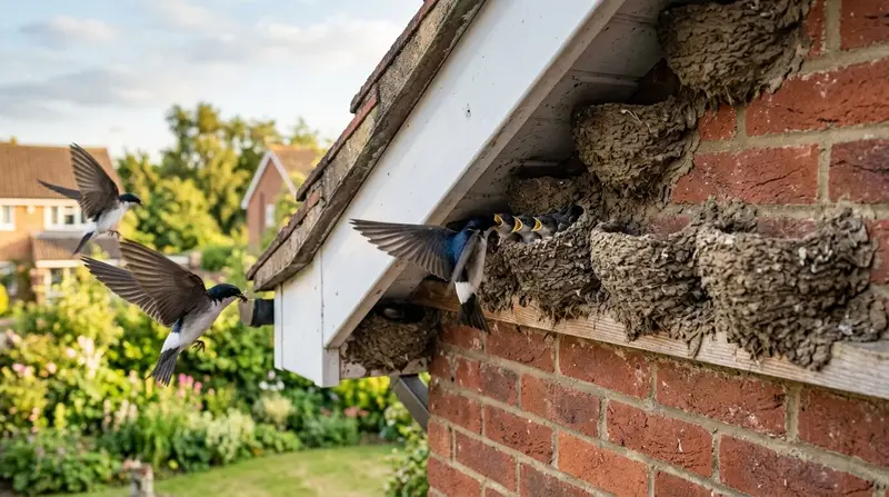 House martin mud nests under the white eaves of a UK suburban semi, with adult birds flying in to feed young