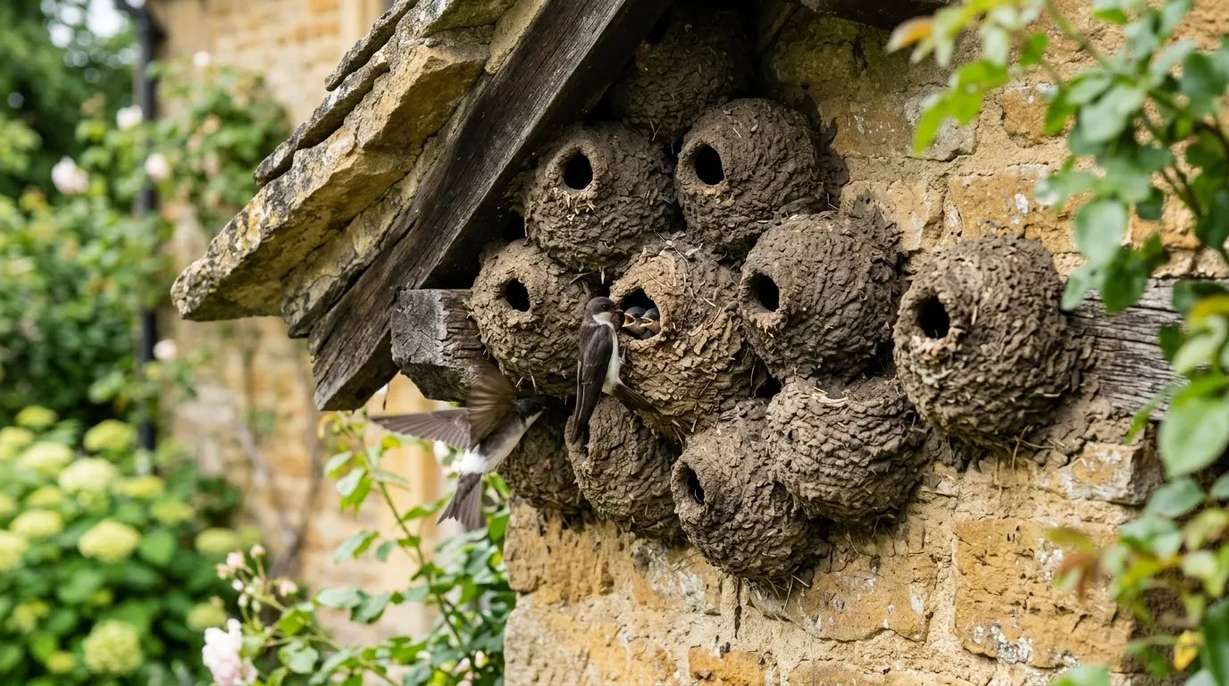 Cluster of natural house martin mud nests under the stone eaves of a Cotswold cottage, entrance holes at the top of each cup