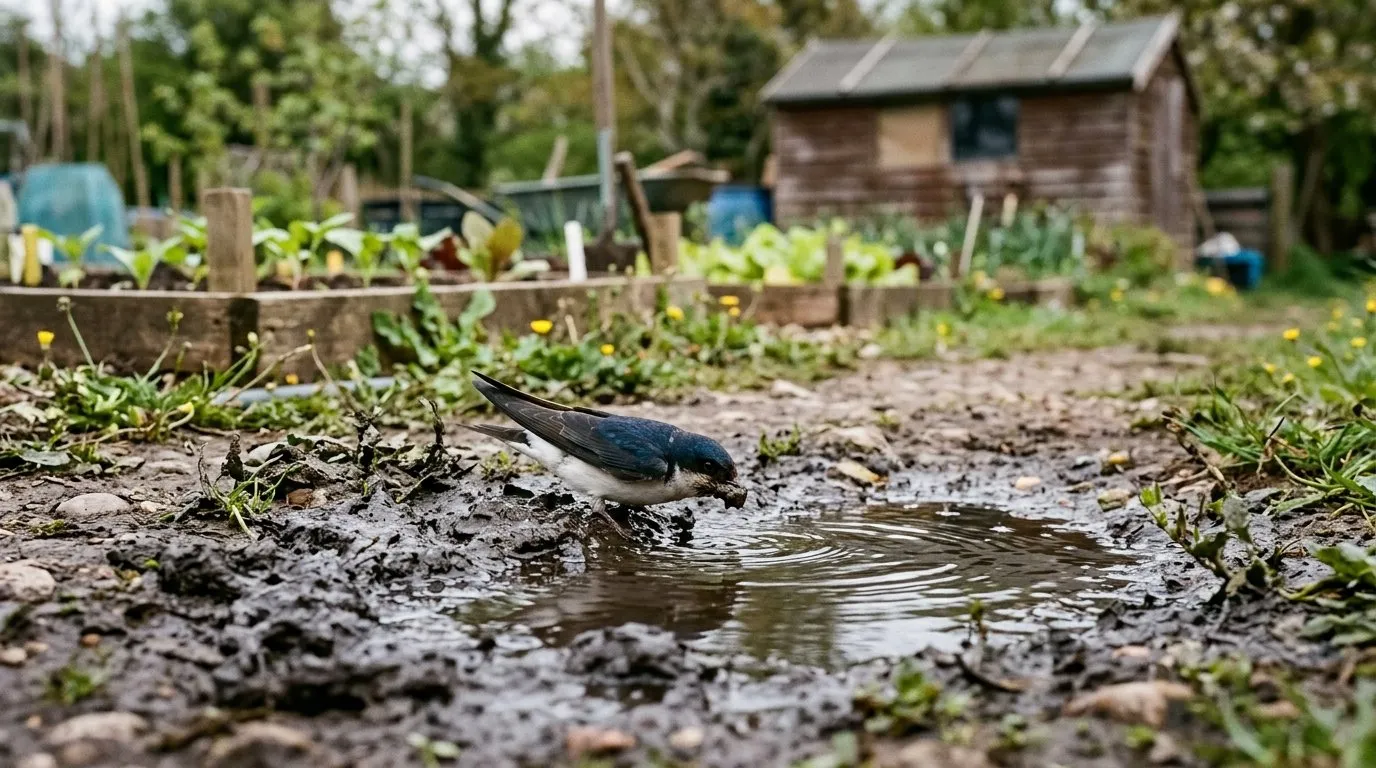 Wet muddy puddle at the edge of an allotment plot with a house martin gathering mud from the margin