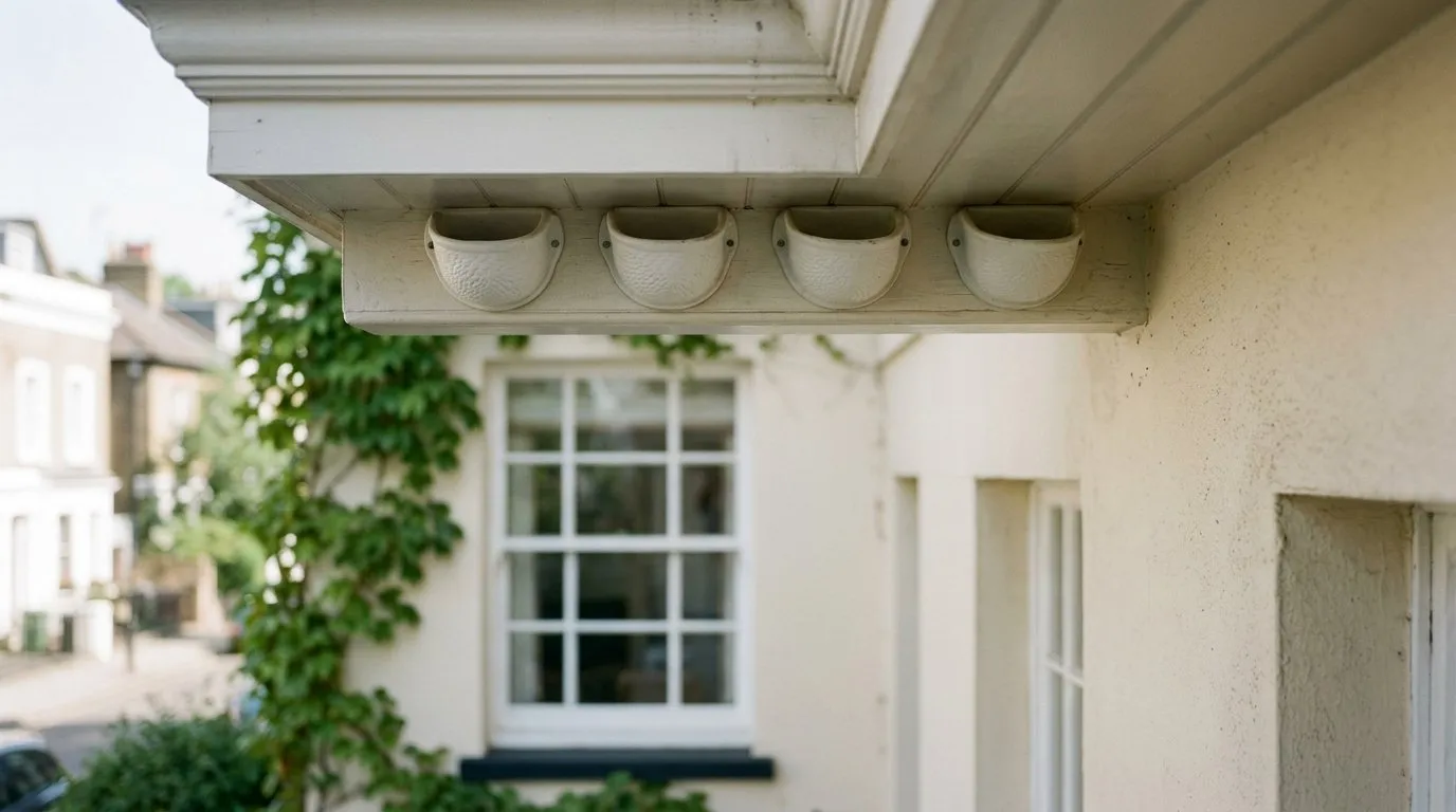 Group of four white artificial house martin nest cups fitted under the eave of a London townhouse