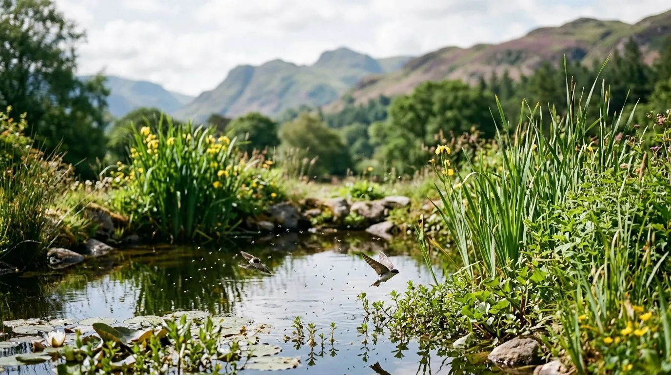 Small wildlife pond in a Lake District garden with insects rising over the water and house martins hawking low above it