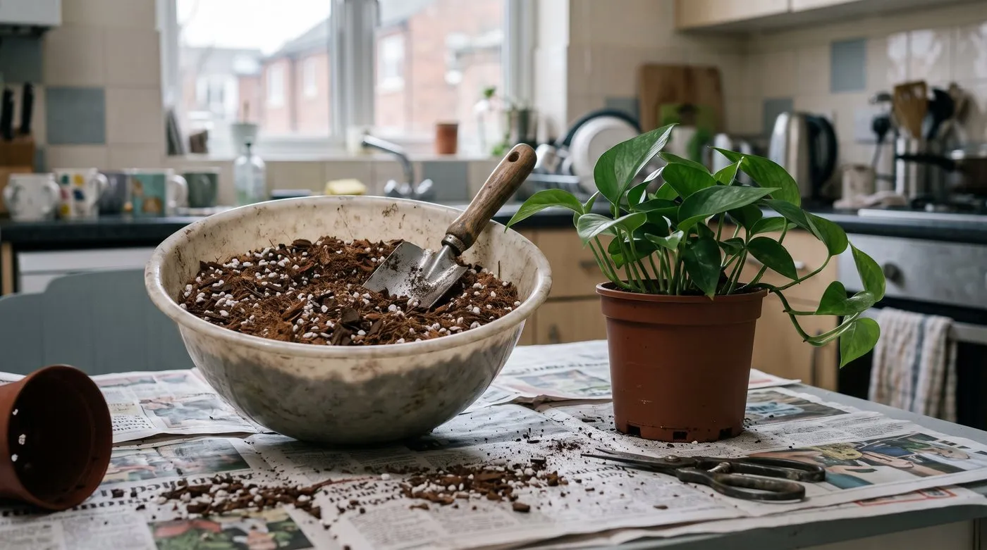 Free-draining houseplant compost mixed with perlite and bark to help prevent houseplant flies