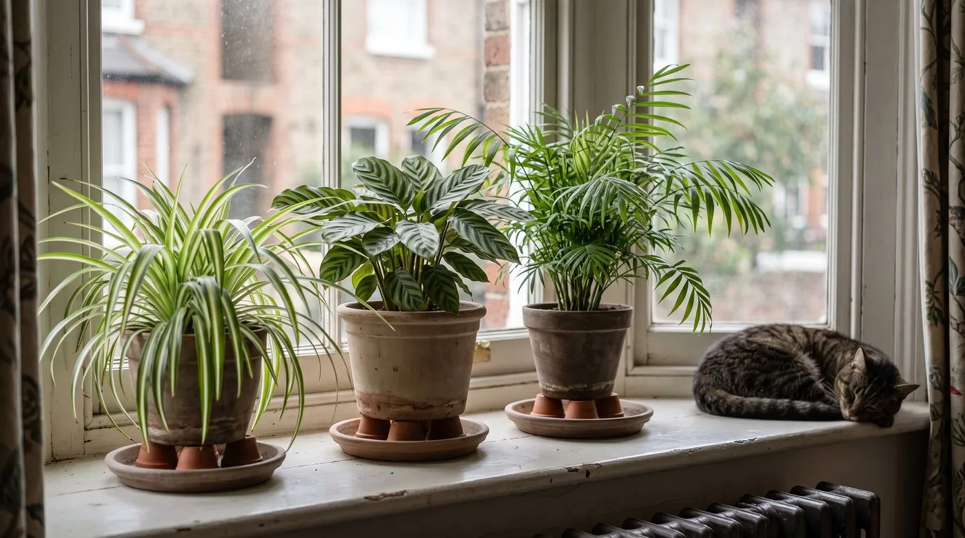 Houseplants raised on pot feet with empty saucers on a windowsill beside a sleeping tabby cat