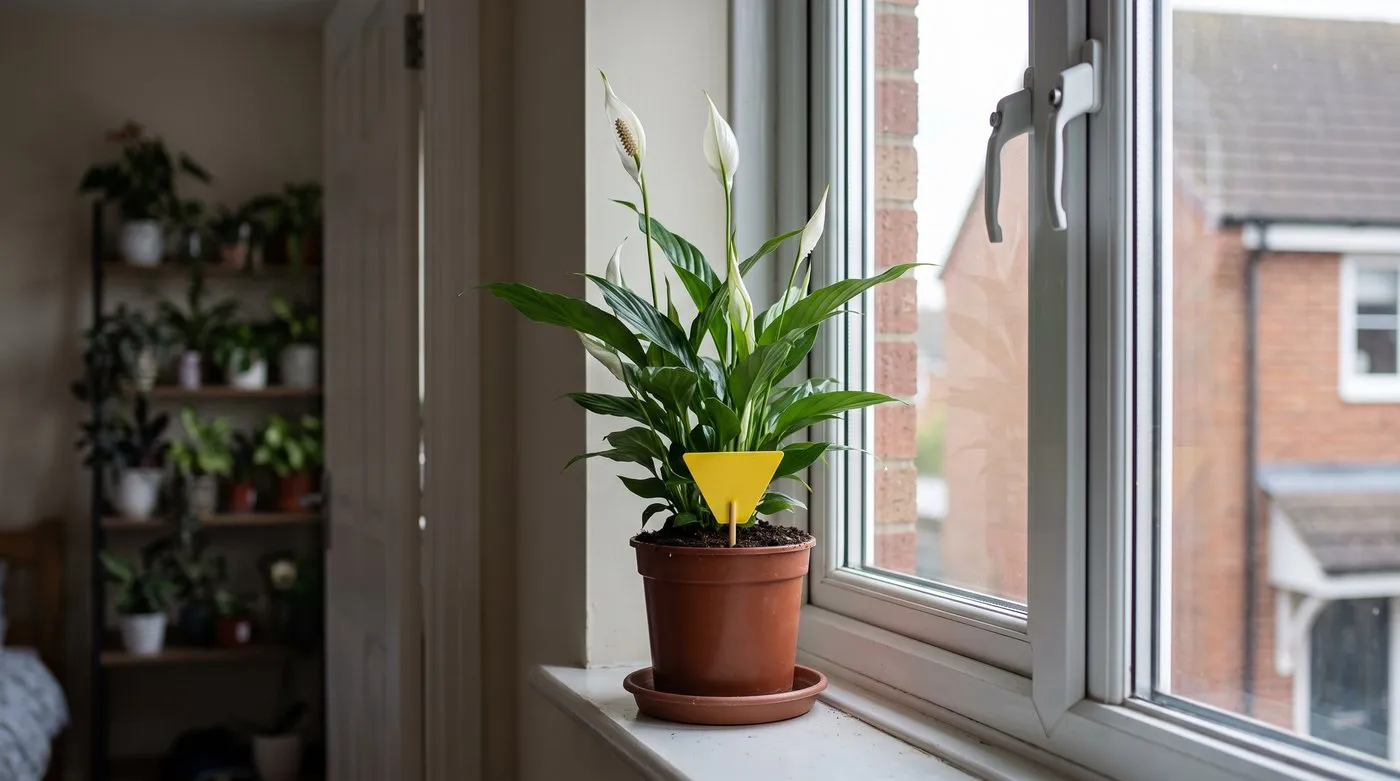 New houseplant kept apart on a spare-room windowsill with a yellow sticky trap in the pot