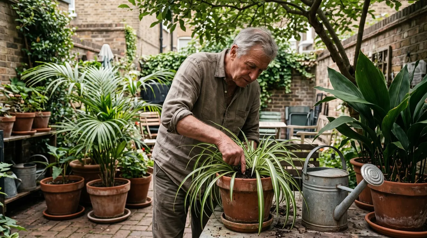 Older man pressing a finger into the compost of a potted spider plant outdoors to check if it needs water
